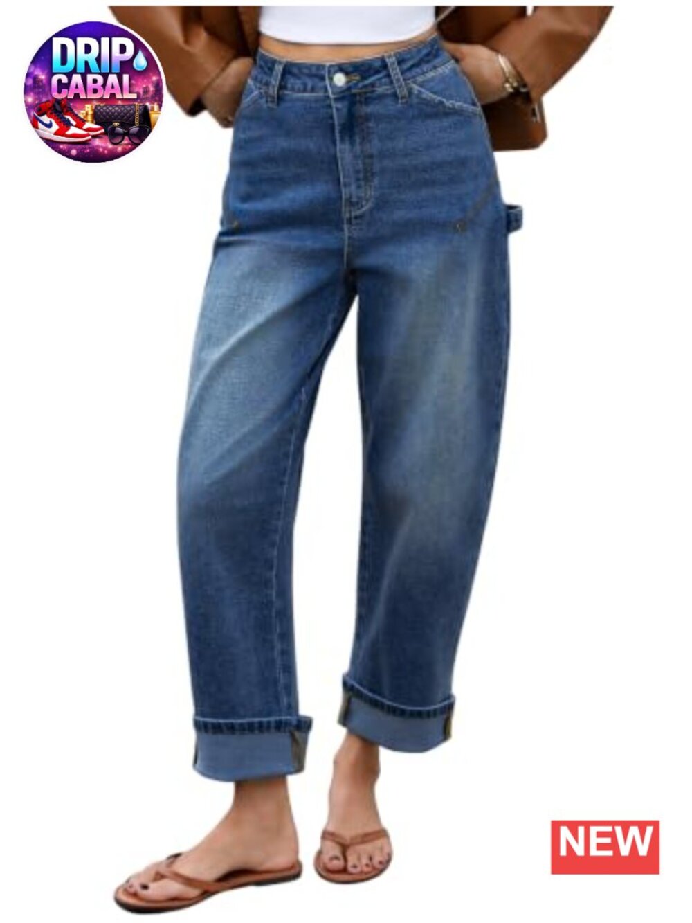 Women's Mid Rise Roll-Up Barrel Jeans with Pockets, Cotton Blend, Y2K